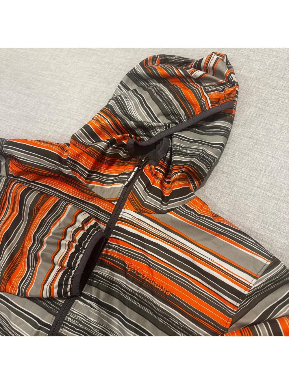 Columbia Boys Jacket Size L Orange Gray Striped Hooded Full Zip Outdoor